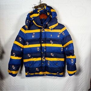 RALPH LAUREN Hawthorne Polo Bear Stripe DOWN Hooded Coat Medium 10-12 BlueYellow